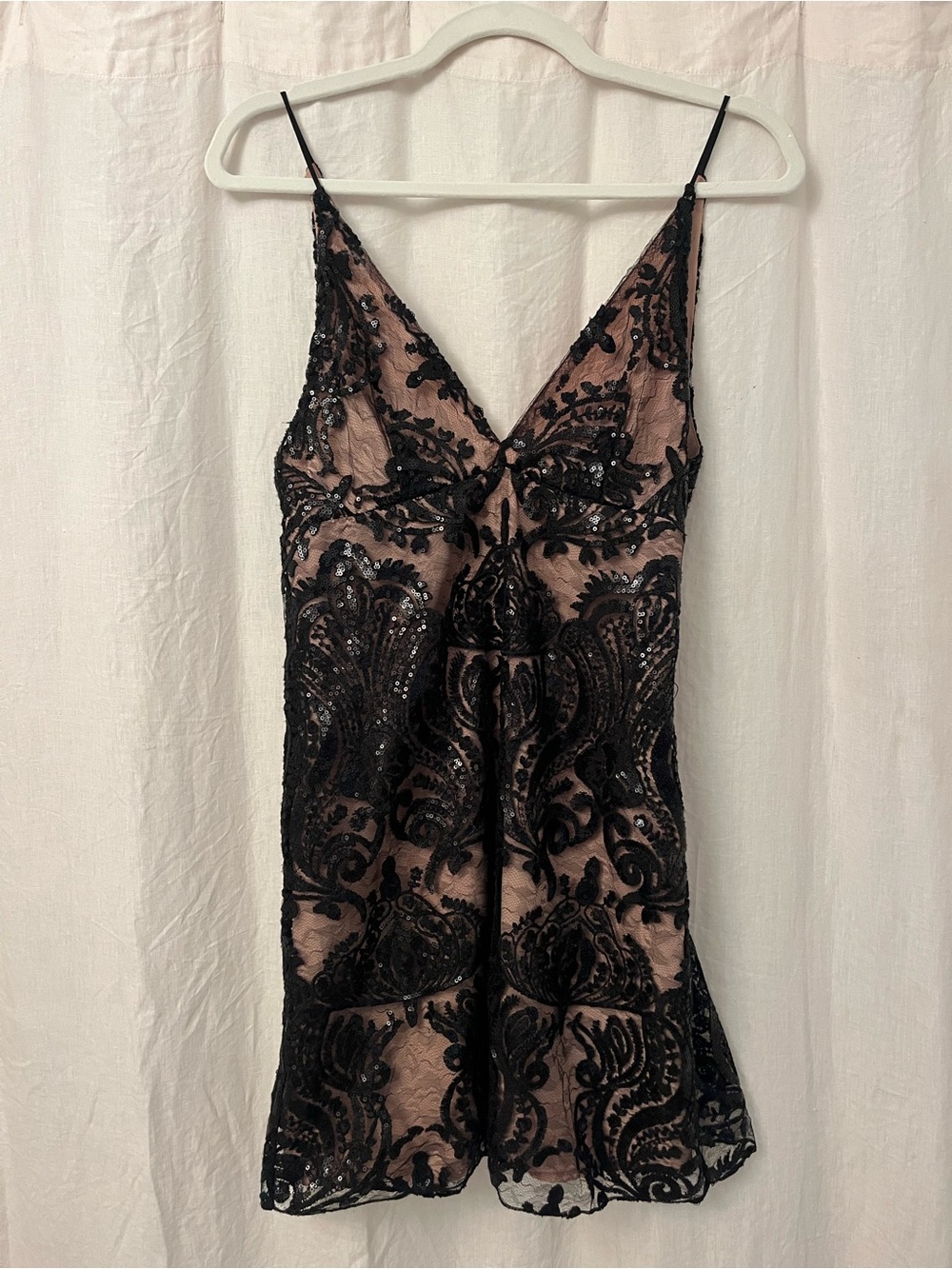 Free People Nude Slip Dress with Black Sequin Lace Overlay